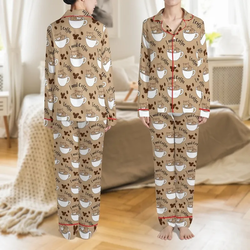 Coffee & Cat Lovers' Warm Taupe Beige Cute Tabby Kittens in White Coffee Cups & 'I Need Coffee' Script Pattern Satin Pajamas Set - 1