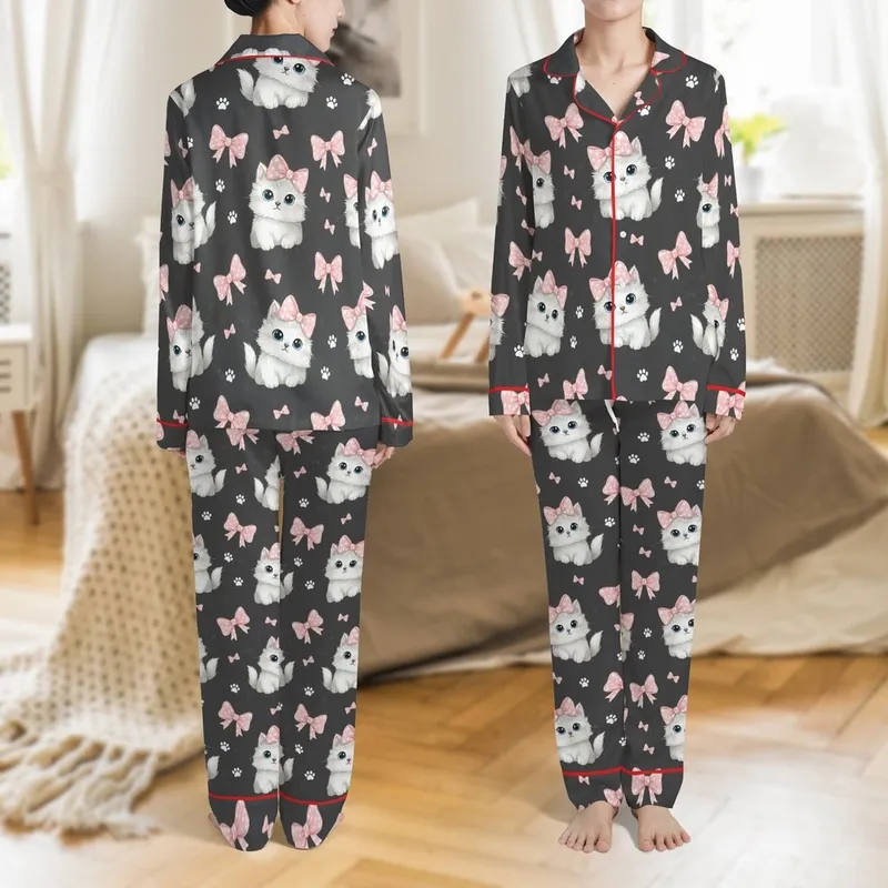 Kitten Lovers' Adorable Gray Fluffy Kittens Blue Eyes Pink Star Bow Seamless Pattern Dark Heather Gray Satin Pajamas Set - 1
