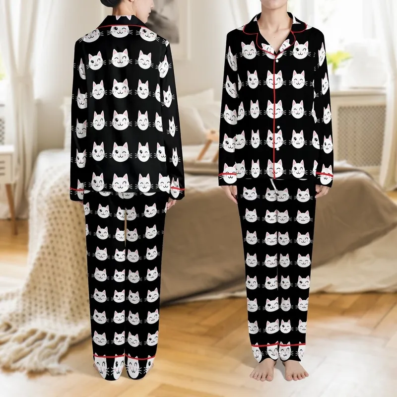 Cat Lovers' Adorable Black Winking Cat Face Seamless Pattern White Outline Pink Blush Satin Pajamas Set - 1