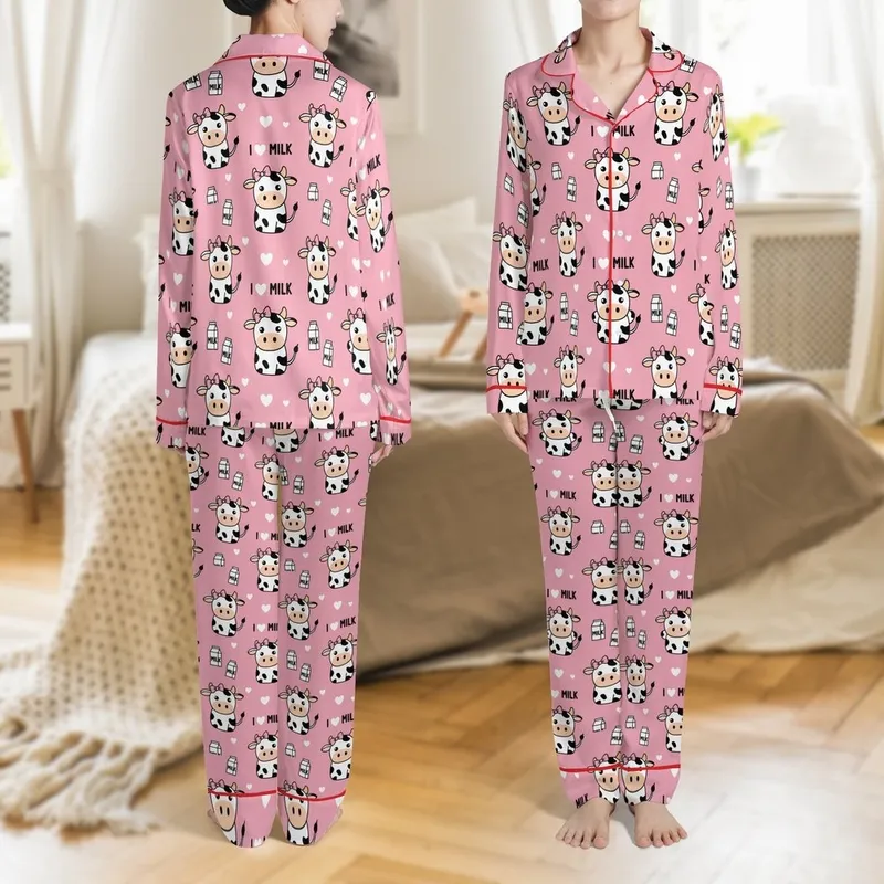 Cute Apparel Lovers' Cheerful Cartoon Baby Cow Pink Bow All-Over Pattern on Bubblegum Pink with 'I <3 MILK' Text Satin Pajamas Set - 1