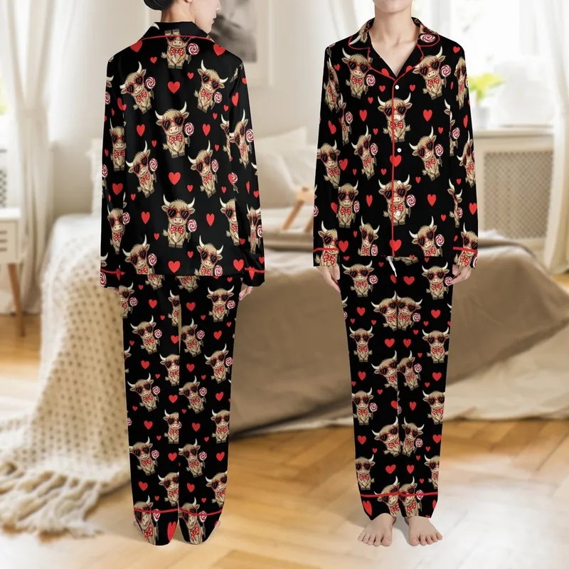 Whimsical Animal Fans' Black Illustrative Highland Cow Red Heart Sunglasses Lollipop Pattern Satin Pajamas Set - 1