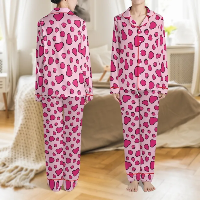 Sweet Style Adorers' Soft Bubblegum Pink All-Over Fuchsia Abstract Strawberry Cow Illustrative Pattern Satin Pajamas Set - 1