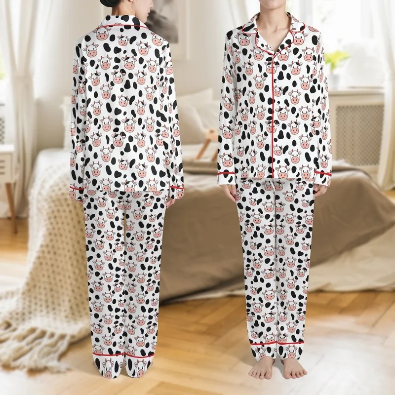 Cow Lovers' Whimsical Flat 2D Cartoon Cow Faces Soft Pink Snouts Orange Horns Organic Black Spots Pure White Pattern Satin Pajamas Set - 1