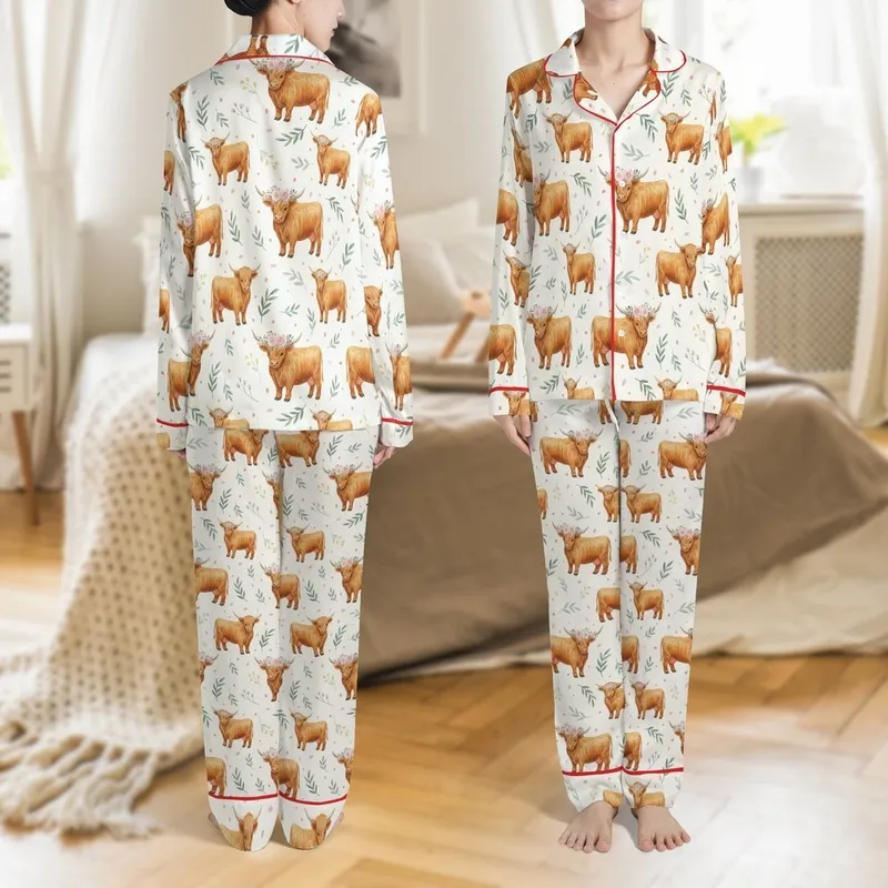 Women's Watercolor Highland Cow Mother Calf Blush Rose Floral Crown Rustic Repeat Pattern Satin Pajamas Set - 1