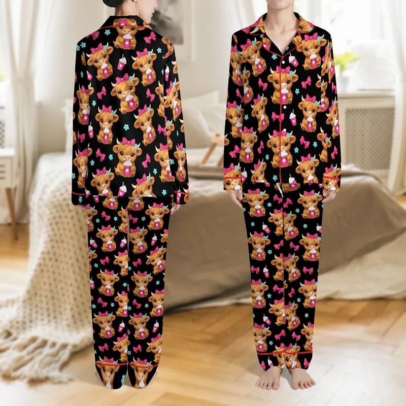 Cute Animal Lovers' Adorable Fluffy Warm Brown Highland Calf Hot Pink Bow Light Blue Flower Pink Cup Black Pattern Satin Pajamas Set - 1