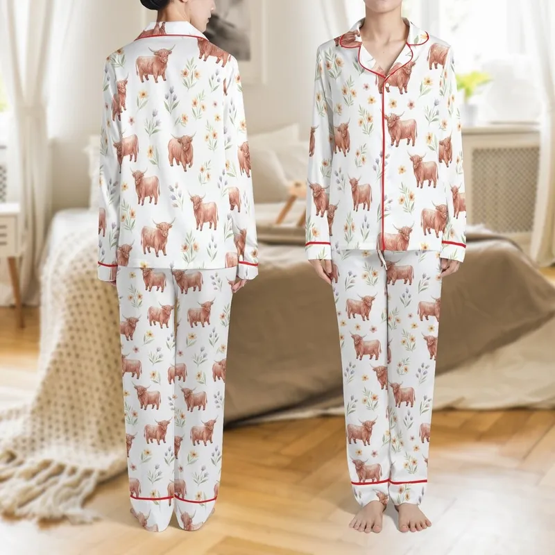 Whimsical Animal Lovers' Watercolor Highland Cow Wildflower Reddish-Brown Lavender Pattern Satin Pajamas Set - 1