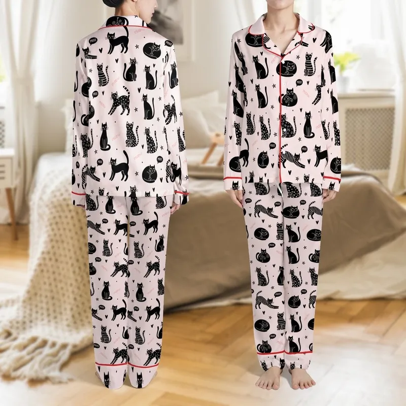 Cat Lovers' Whimsical Playful Black Cat Silhouette Pattern with Dots, Stripes, Swirls, Hearts, Stars & Pink Meow Text on Soft Pastel Pink Satin Pajamas Set - 1