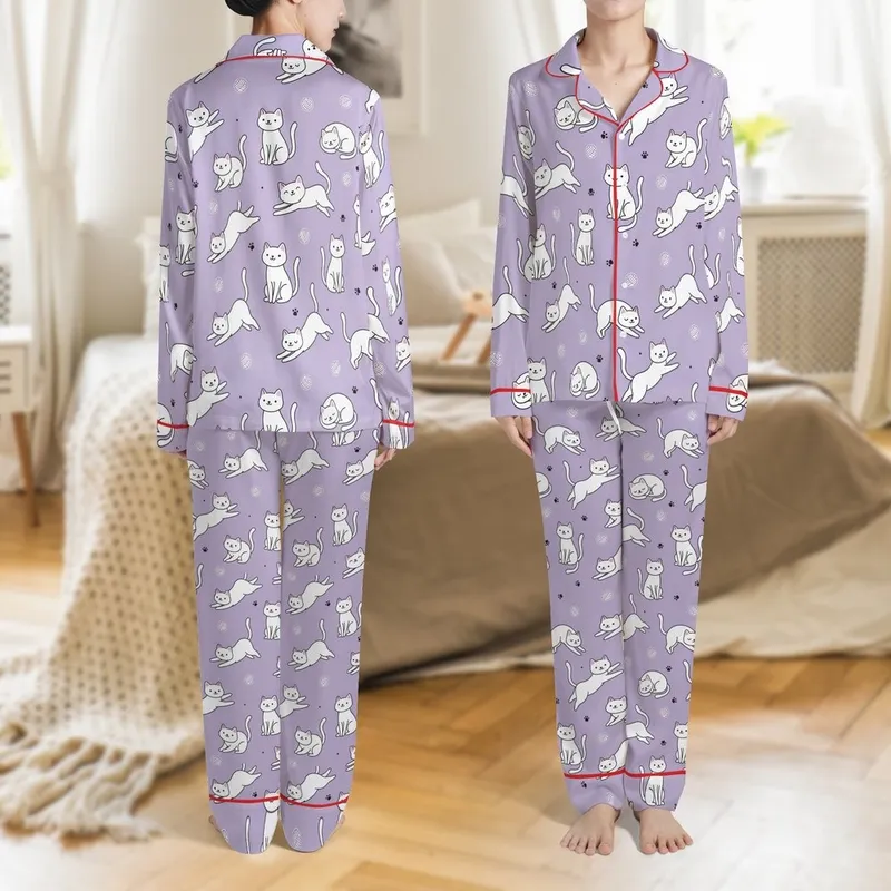 Cat Lovers' Light Lavender Purple Whimsical Cartoon Cat Pattern with White Felines, Yarn Balls & Paw Prints Satin Pajamas Set - 1