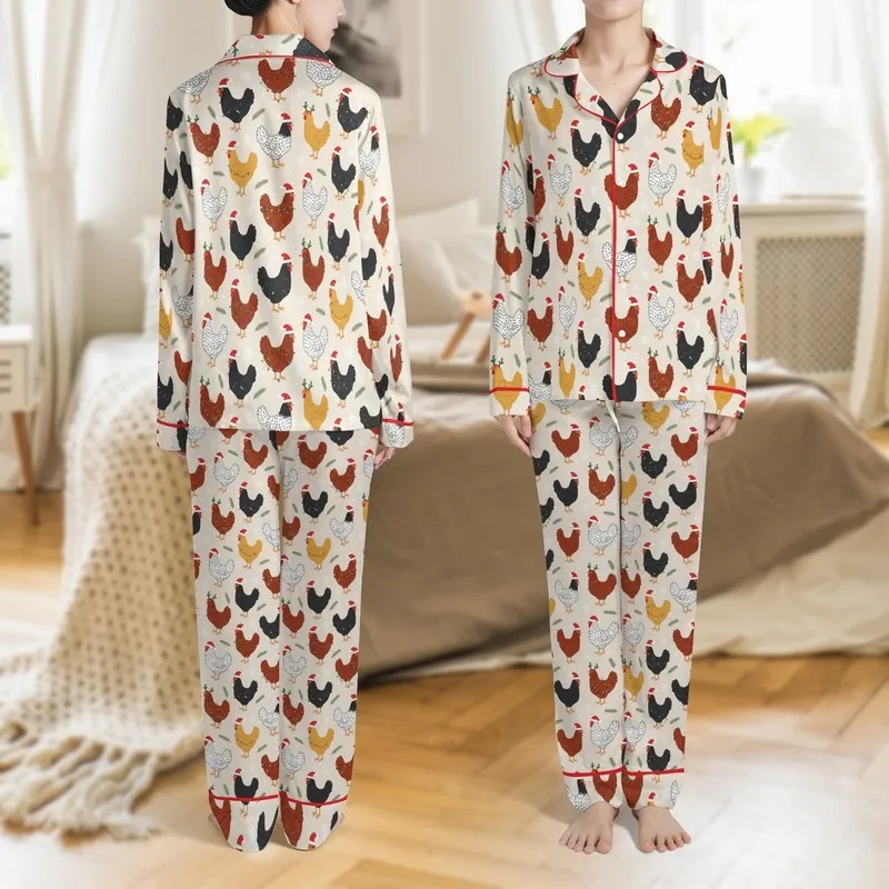 Holiday Enthusiasts' Hand-Drawn Christmas Chickens Festive Pattern with Santa Hats & Lights on Pale Beige Satin Pajamas Set - 1