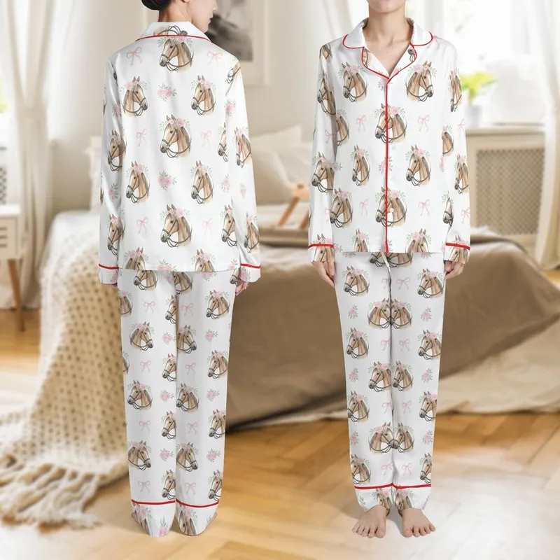 Women's Graceful Watercolor Horse Heads Muted Brown Pastel Pink Rose Wreath Pattern Satin Pajamas Set - 1