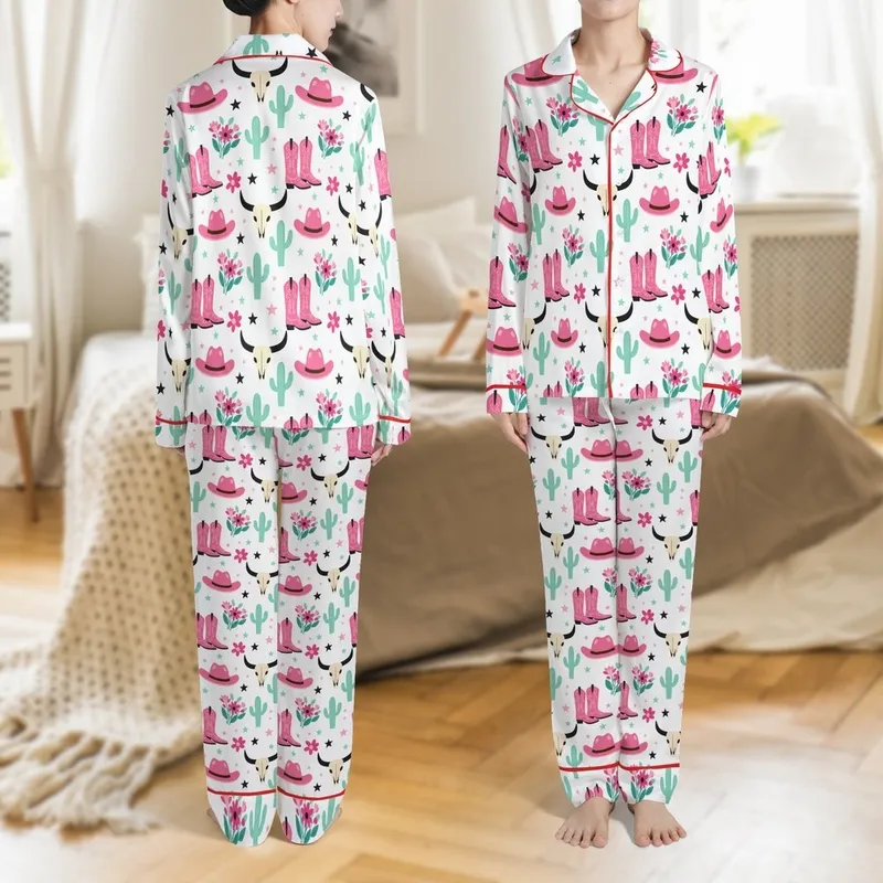 Women's Whimsical Pink Cowgirl Boots, Cream Bull Skulls & Teal Cacti Seamless Western Pattern Satin Pajamas Set - 1