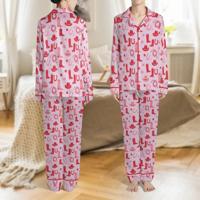 Western Lifestyle Enthusiasts Stylized Light Lavender-Pink Crimson Rose Boots Hats Stars Pattern Satin Pajamas Set - 1