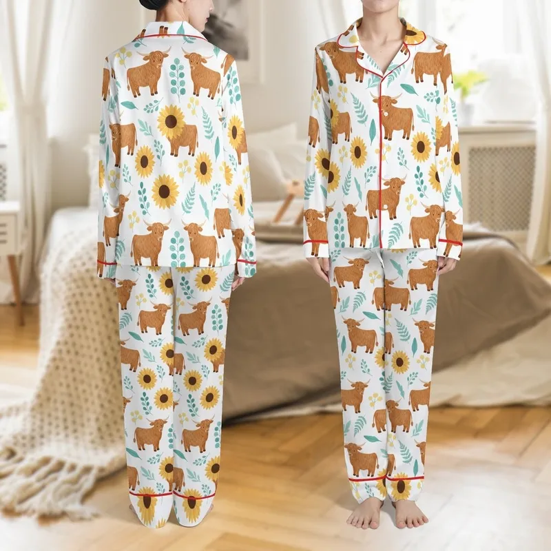 Nature Lovers' Charming Highland Cow Golden Sunflower Teal Botanical Flat Print Satin Pajamas Set - 1