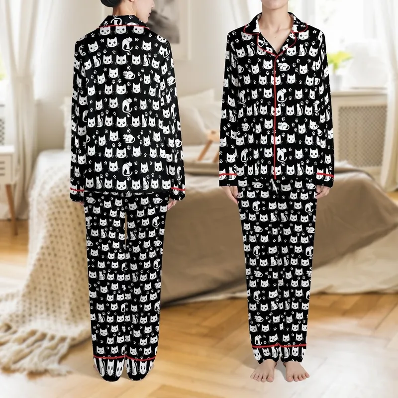 Cat Lovers' Dense Interlocking Minimalist White Cat Faces Paw Prints Silhouettes Black Pattern Satin Pajamas Set - 1