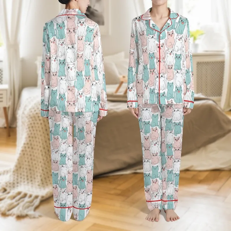 Cat Lovers' Lively Pastel Pink White Gray Blue Peach Cute Cartoon Cats Seamless All-Over Print Satin Pajamas Set - 1