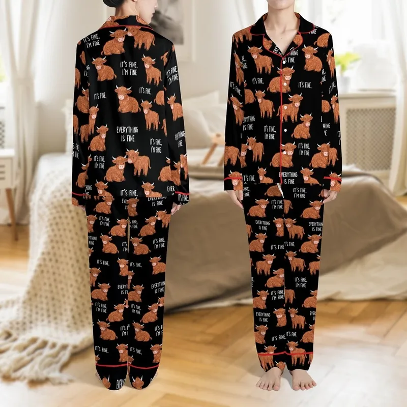 Highland Cow Fans Whimsical Hand-Drawn Fluffy Orange-Brown Calf Pattern 'Everything Is Fine' Text Black Satin Pajamas Set - 1