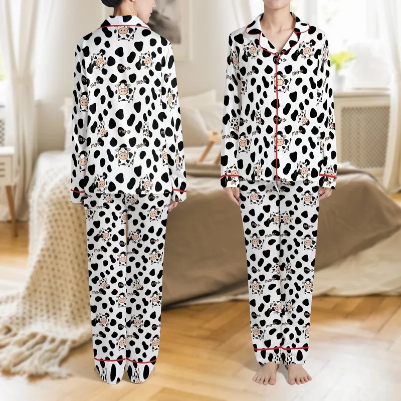 Cow Lovers' Whimsical Black White Peach Cartoon Cow Spot Playful Hand-Drawn Pattern Satin Pajamas Set - 1