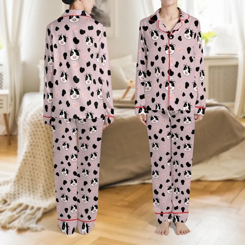 Whimsical Style Lovers' Pale Mauve Pink Cow Spot Happy Cartoon Faces & Pink Heart Pattern Satin Pajamas Set - 1