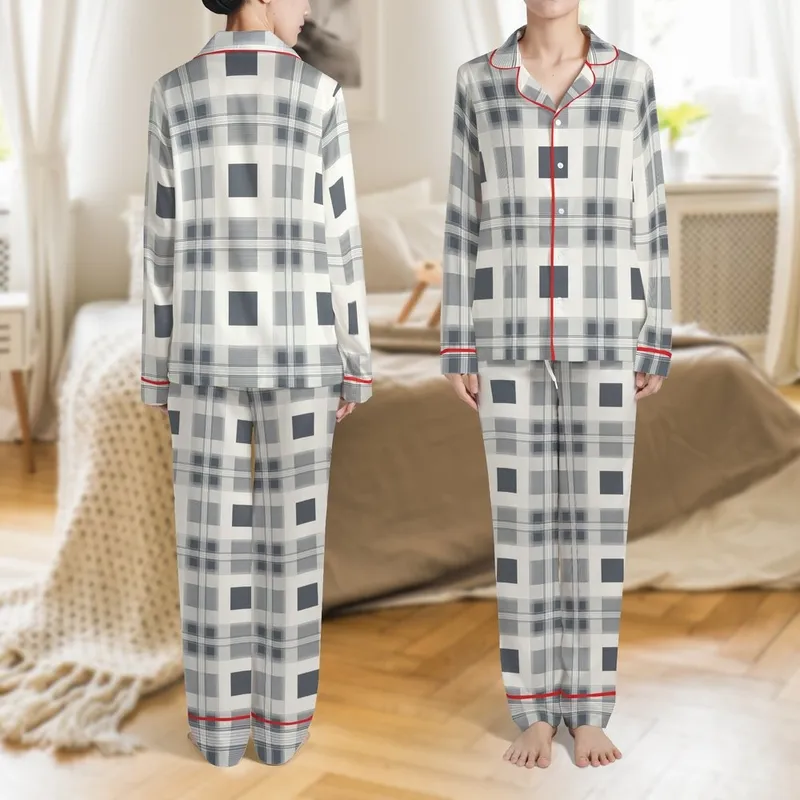 Modern Classic Admirers' Light Cream Battleship Charcoal Grey Intricate Geometric Tartan Plaid Satin Pajamas Set - 1