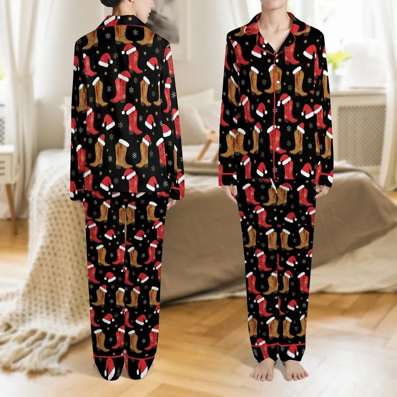 Western Christmas Lovers' Bold Red Gold Snowflake Cowboy Boots Santa Hats Star Repeating Pattern Satin Pajamas Set - 1