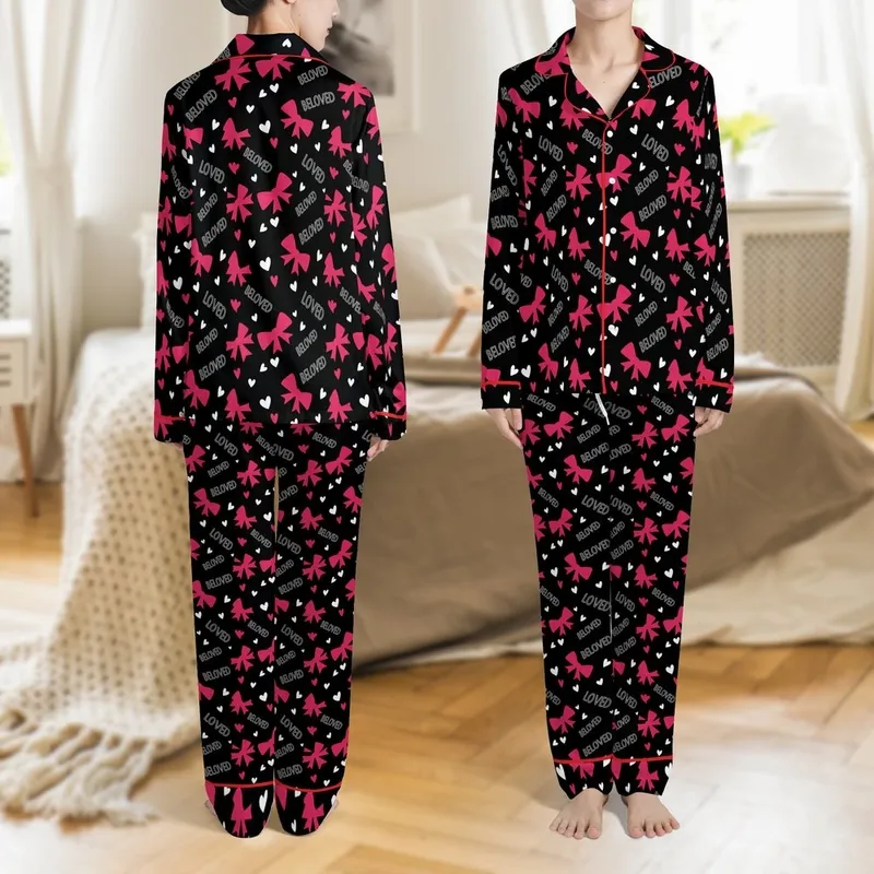 Women's Playful Black Fuchsia Pink White Love Affirmation Bows Hearts Scatter Pattern Satin Pajamas Set - 1