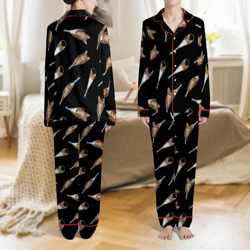 Kitten Lovers' Playful Brown Tabby Kittens Peeking Silver Zippers Black & Cream Contrast Graphic Satin Pajamas Set - 1