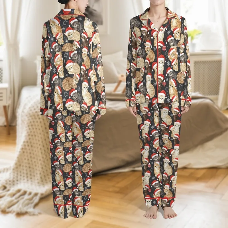 Cat Lovers' Illustrative All-Over Festive Tabby Kitten Pattern in Cream, Brown & Grey with Red Santa Hats Satin Pajamas Set - 1