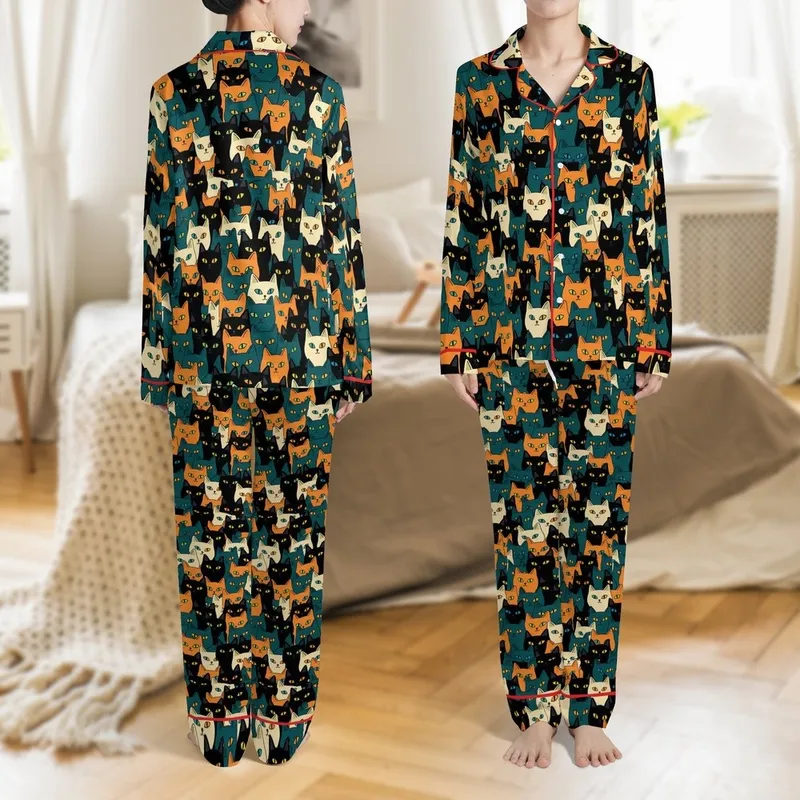 Cat Lovers' High Contrast Graphic Stylized Feline Faces All-Over Pattern Black Teal Orange Blue Satin Pajamas Set - 1
