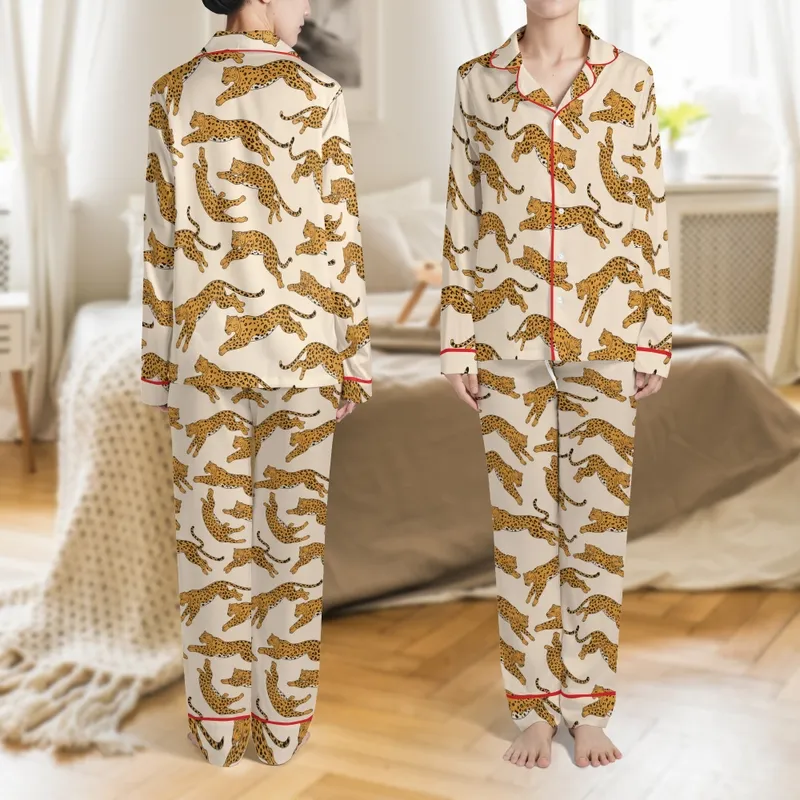 Women's Satin Loungewear Sleep Set: Stylized Ochre Leopard Print on Champagne Beige, Turn-Collar Long Pants & Sleeves Satin Pajamas Set - 1