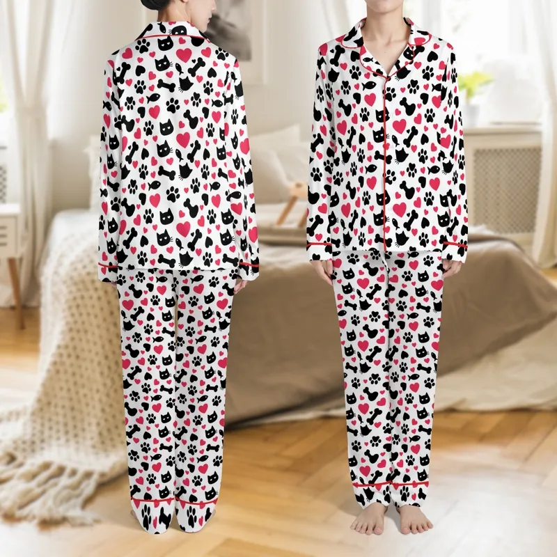 Women's Allover Fuchsia Heart & Black Paw Pet Motif Casual Long Sleeve Pajamas Satin Pajamas Set - 1