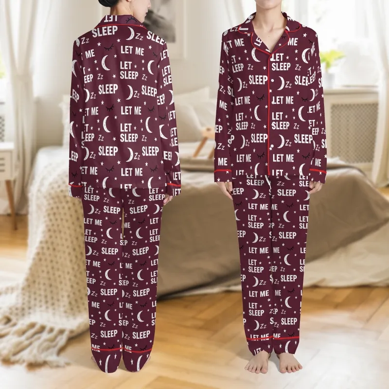 Women's Six-Piece Autumn Deep Burgundy 'LET ME SLEEP' Print Long-Sleeve Pajama Set Satin Pajamas Set - 1