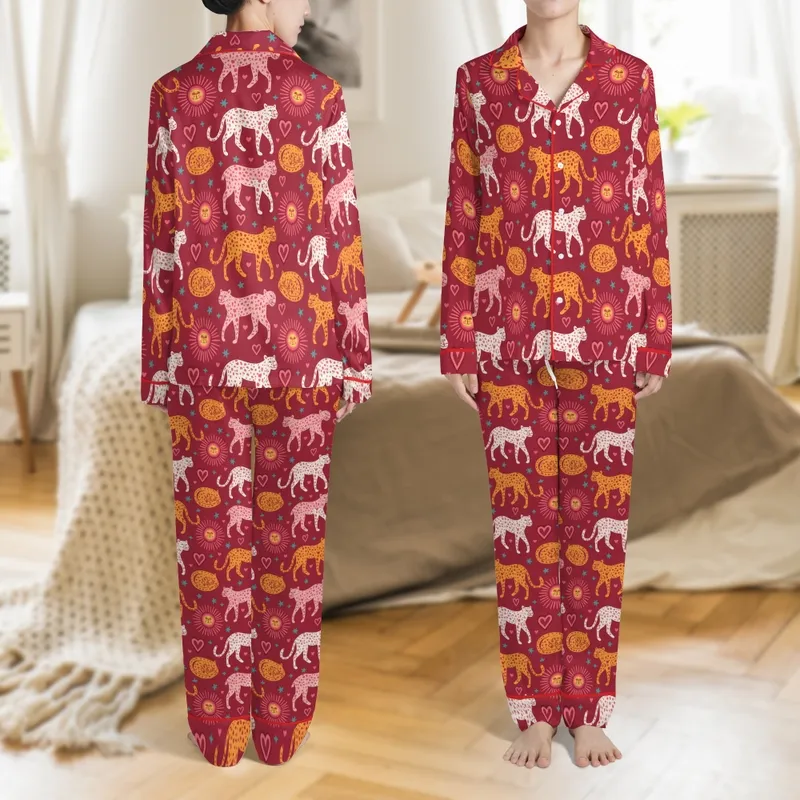 Women's Whimsical Folk Art Leopard, Sun & Heart Bubble Wrinkle Long Sleeve Pajama Set Satin Pajamas Set - 1