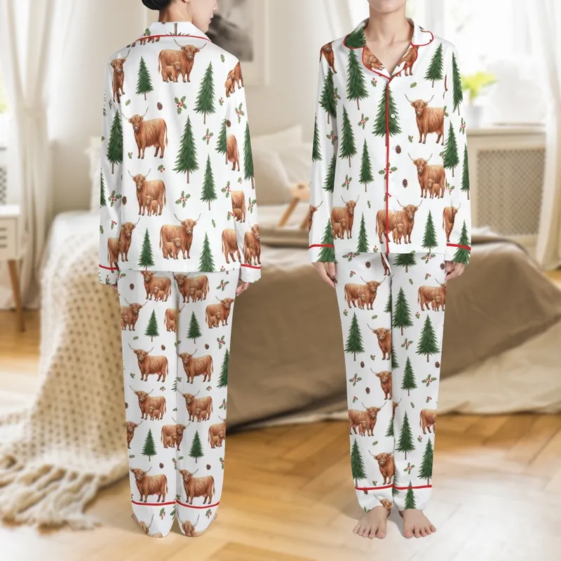 Highland Cow Lover's Whimsical Watercolor Pine Forest Wearable Art Satin Pajamas Set - 1