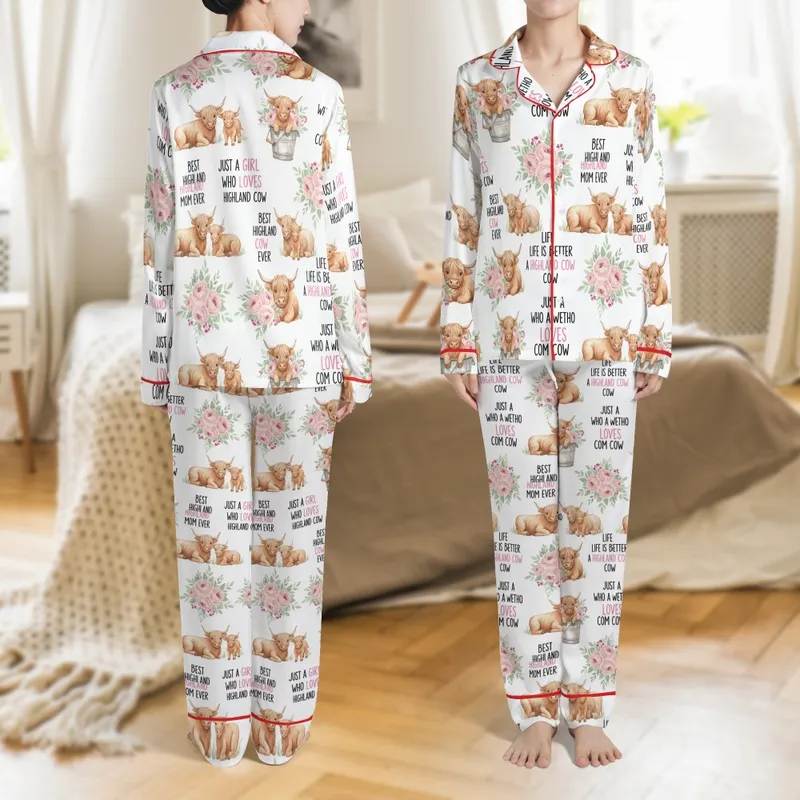 Highland Cow Mom Women's Whimsical Watercolor Cow & Rose Pattern Soft Poly-Spandex Pajamas Set Satin Pajamas Set - 1