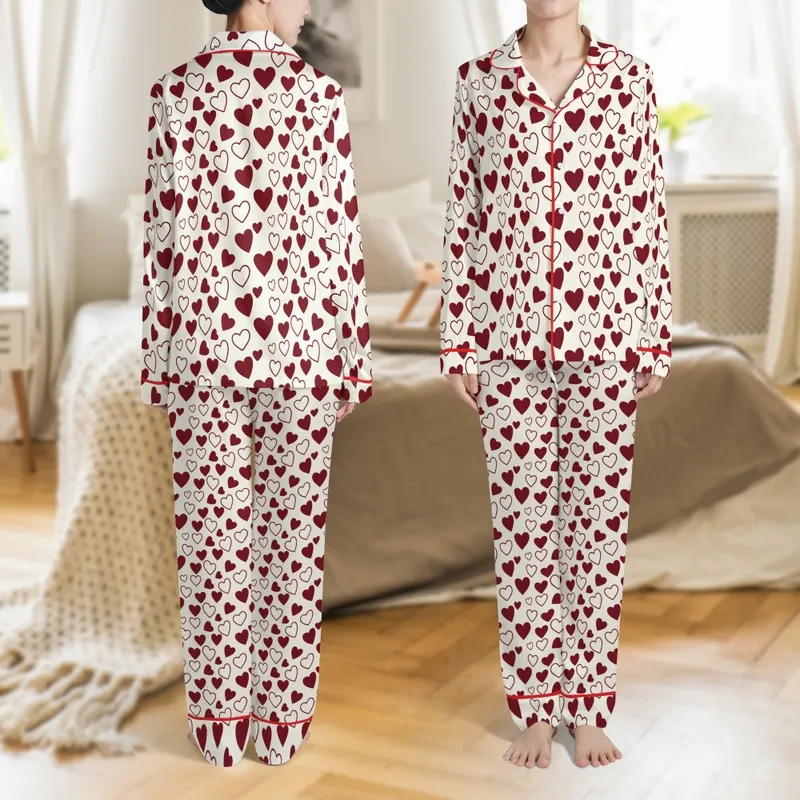 Women's Cozy Burgundy Solid & Outline Heart Pattern: Long Sleeve Button-Up Loungewear Satin Pajamas Set - 1