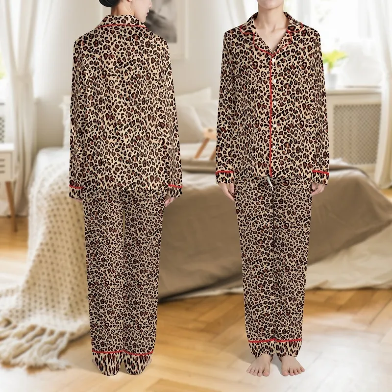 Women's Naturalistic Leopard Rosette Sleepwear: Black & Taupe Hybrid Big Cat Loungewear Set Satin Pajamas Set - 1
