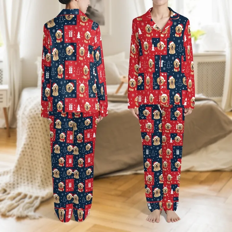 Family Personalized Photo Golden Retriever Pajama Set: Festive Santa Hat & Snowy Scene Sleepwear Satin Pajamas Set - 1