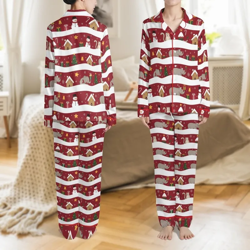 Family Matching Deep Red Whimsical Hippo Rhino Elephant Christmas Pajamas Set Satin Pajamas Set - W-MCKGDDGZ