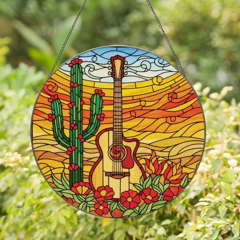 Guitar Lovers' Stained Glass Acoustic Guitar Desert Landscape Jewel Tone Mosaic Art Stained Glass Suncatcher - 1