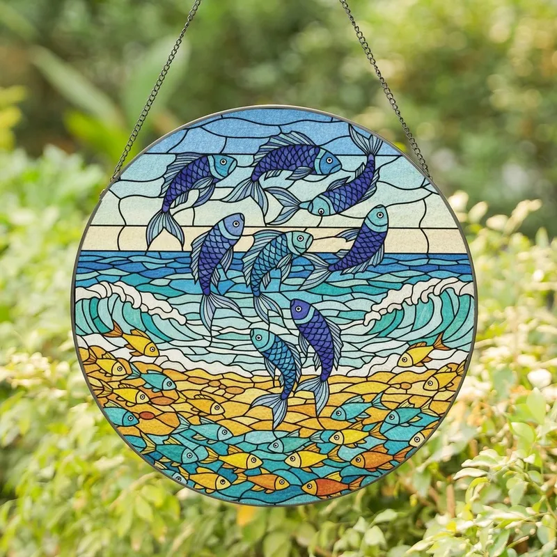 Ocean Lovers' Intricate Tiffany Stained Glass Fish School Jewel Tone Ocean Art Stained Glass Suncatcher - 1
