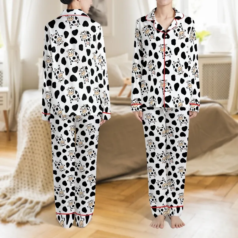 Cartoon Animal Lovers' Whimsical Dairy Cow & Organic Spot Pattern Black White Pink Tan Satin Pajamas Set - 1