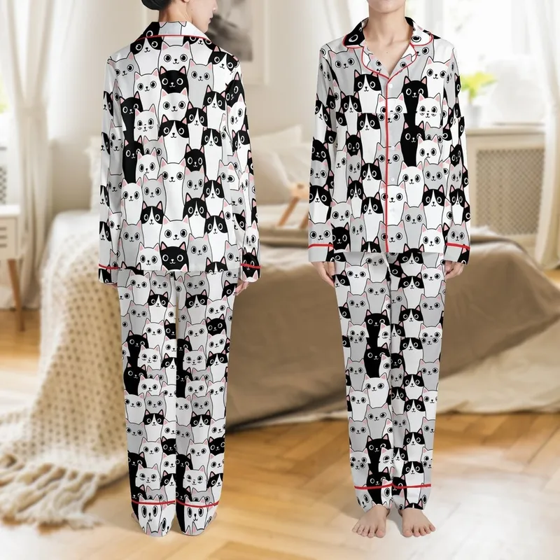 Cat Lovers' Whimsical Black White Grey Pink Cartoon Cat Faces Pattern Satin Pajamas Set - BUB0R04MOK