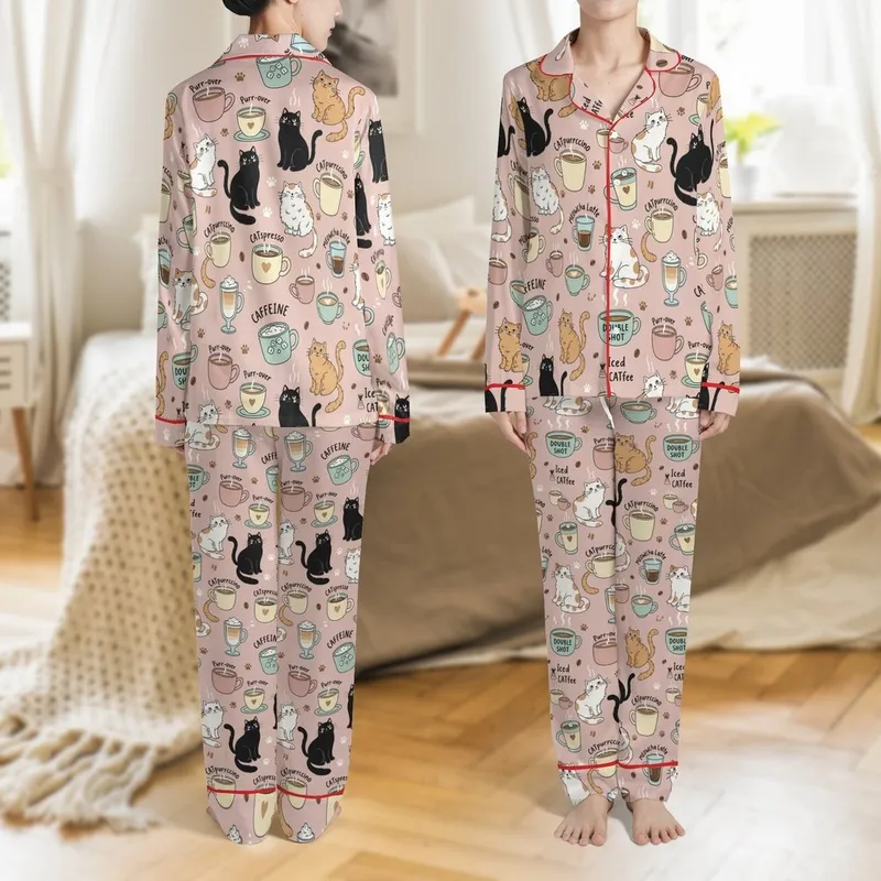 Cat & Coffee Lovers Whimsical Hand-Drawn Cats, Coffee Pun Mugs & Pastel Elements All-Over Pattern on Blush Pink Satin Pajamas Set - 1