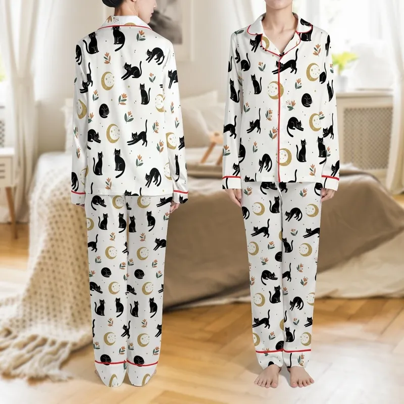 Celestial Cat Lovers' Whimsical Black Cats Gold Ochre Crescent Moons Star Floral Pattern Satin Pajamas Set - 1