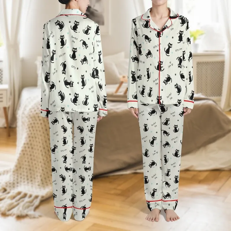 Cat Lovers' Whimsical Creamy Off-White Black Cartoon Cats Light Blue Stripes Hearts Playful Text Satin Pajamas Set - 1