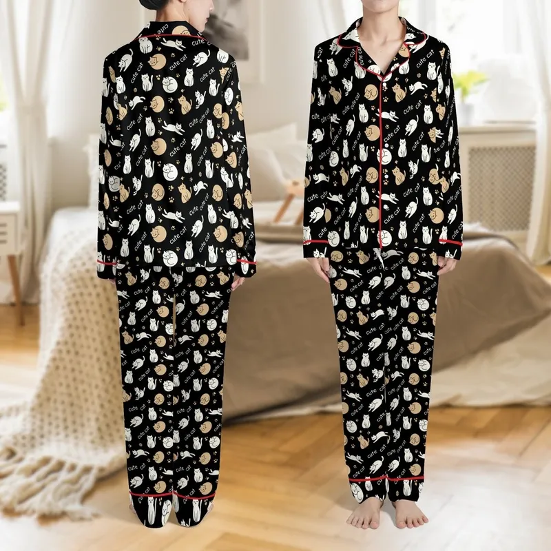 Cat Lovers' All-Over Print Cute Cartoon Cats Hand-Drawn Off-White Tan Black Playful Feline Pattern Satin Pajamas Set - 1