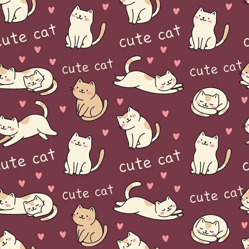 Cat Lovers' Whimsical Hand-Drawn Tan White Cartoon Cats Seamless Pattern on Rich Maroon Satin Pajamas Set - 1
