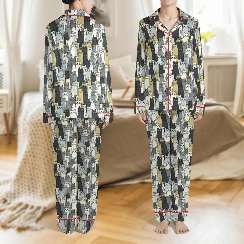 Cat Lovers' Whimsical Stacked Cats All-Over Print Muted Black Grey Gold Cartoon Art Satin Pajamas Set - 1