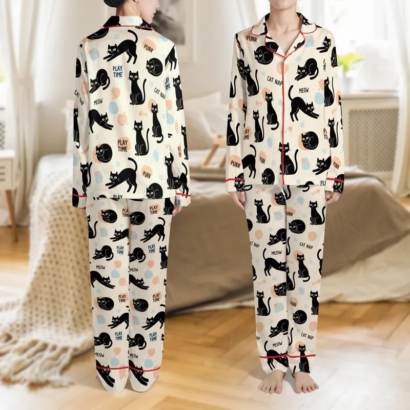 Cat Lovers' Whimsical Black Cat Seamless Pattern Playful Feline Warm Cream Peach-Orange Sky-Blue Accents Satin Pajamas Set - 1