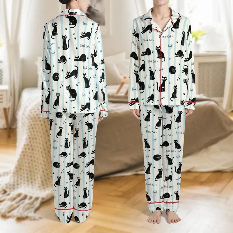 Cat Lovers' Whimsical Hand-Drawn Black Cats Cream Sky Blue Stripe Pattern Paw Prints Love Script Satin Pajamas Set - 1